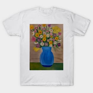 A still life painting of mixed flowers in a blue vase T-Shirt